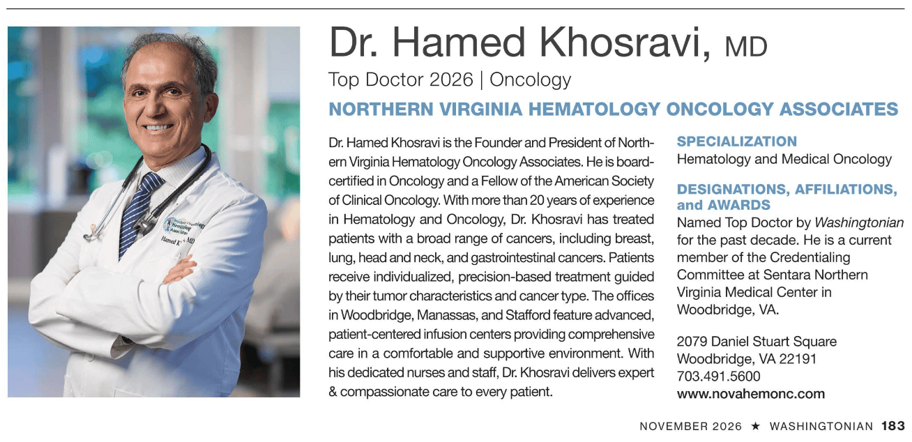 Dr. Hamed Khosravi, MD, Top Doctor 2026, Oncology, Washingtonian, November 2026